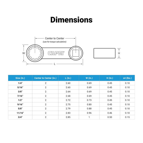 Diagram showing dimensions of torque adapters including a 3/8 Inch Drive Torque Adapter with 7/16 Inch Box End, 12-Point, Extended Reach.