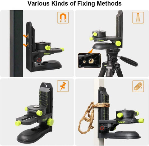 Various methods of fixing the Fine-Tuning Bracket Laser Level Adapter Workhorse with Magnetic Pivoting Base and Adjustable Clip shown.