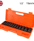 Top Notch 13-Piece Extended Pneumatic Impact Socket Set Crated With Premium Chrome Vanadium Steel Deep Sockets Covering 13mm To 32mm For Heavy Duty Auto Repair And Mechanic Grinds. 1/2" drive 13-piece deep impact socket set in orange case, 13mm-32mm, chrome vanadium steel