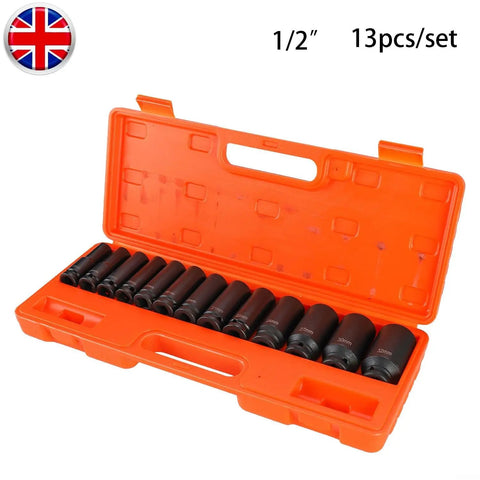 Top Notch 13-Piece Extended Pneumatic Impact Socket Set Crated With Premium Chrome Vanadium Steel Deep Sockets Covering 13mm To 32mm For Heavy Duty Auto Repair And Mechanic Grinds. 1/2" drive 13-piece deep impact socket set in orange case, 13mm-32mm, chrome vanadium steel