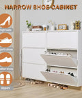 Slim 3 Flip Drawer Shoe Storage Cabinet, Hidden Narrow Wall Mount Metal Shoe Rack For Entryway, White, open drawers view