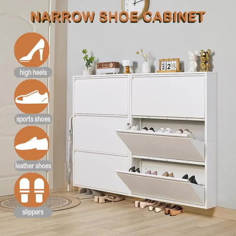 Slim 3 Flip Drawer Shoe Storage Cabinet, Hidden Narrow Wall Mount Metal Shoe Rack For Entryway, White, open drawers view