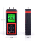 Front and side views of EHDIS digital manometer with dual ports, green LCD display, red/black housing.