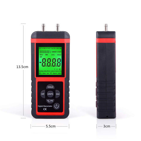 Front and side views of EHDIS digital manometer with dual ports, green LCD display, red/black housing.