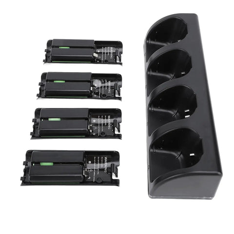 4 In 1 Remote Charging Dock Station For Controllers With 2800mAh Batteries LED Indicator USB Powered Charge Hub shown with batteries