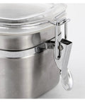 Close-up of Solid Heavy Duty Stainless Steel Coffee Canister With Tight Snap Buckle and Wide Mouth Design for easy access.