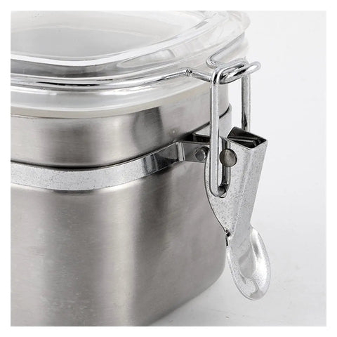 Close-up of Solid Heavy Duty Stainless Steel Coffee Canister With Tight Snap Buckle and Wide Mouth Design for easy access.