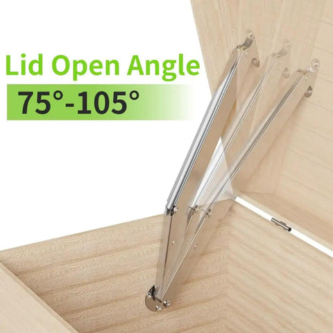 Heavy Duty Soft Close Lid Support Hinges For Toy Boxes And Wooden Chests, Hydraulic 100N showing open angle 75 to 105 degrees