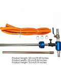 Adjustable Coolant Mixer For Cutting Fluid Dispensing with blue metal valve, orange hose, and stainless steel tubes.