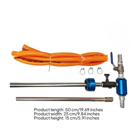 Adjustable Coolant Mixer For Cutting Fluid Dispensing with blue metal valve, orange hose, and stainless steel tubes.
