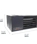 Ceiling Mounted Forced Air Unit Heater With 50000 Btu Dual Fuel Propane Natural Gas For Garages Workshops Kicks Serious Heat Up To 1667 Sq Ft Low Profile Design, dimensions shown.