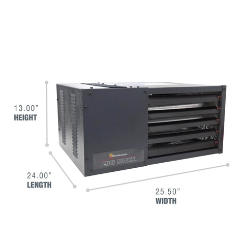 Ceiling Mounted Forced Air Unit Heater With 50000 Btu Dual Fuel Propane Natural Gas For Garages Workshops Kicks Serious Heat Up To 1667 Sq Ft Low Profile Design, dimensions shown.