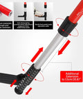 Detail of telescoping Laser Level Pole with spring-loaded base, showing 53cm extension, sturdy foot pedal, and premium materials.