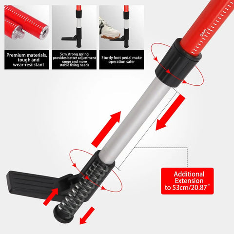 Detail of telescoping Laser Level Pole with spring-loaded base, showing 53cm extension, sturdy foot pedal, and premium materials.