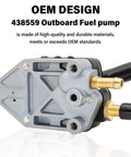 Drop In Ready Outboard Fuel Pump For 25HP Through 140HP Crosflow Engines Replaces 438559 showing OEM design and connectors