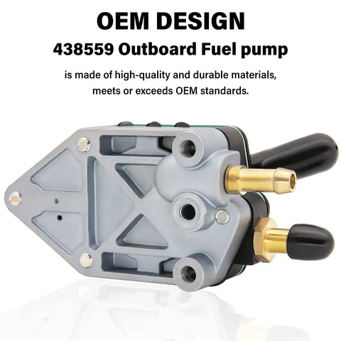 Drop In Ready Outboard Fuel Pump For 25HP Through 140HP Crosflow Engines Replaces 438559 showing OEM design and connectors