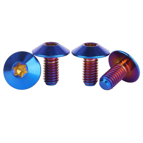 Set Of 4 Beefed Up Titanium Bolts With Torx Head For Bicycle And Motorcycle M5 And M6 In Burnt Blue Finish, showing three bolt sizes.
