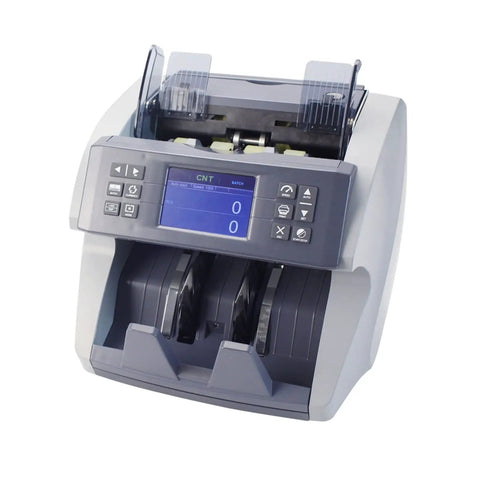 Heavy Duty Bill Counter Machine With Multi Currency Validation And Auto Sorting Detects Fake Notes While Printing Receipts showing control panel and cash slots.