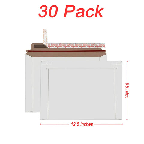 Rigid Mailers 30 Pack 9.5 x 12.5 Inches White Self Seal Stay Flat Bulk Cardboard with peel and seal closure shown