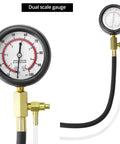Front view of QWORK fuel pressure test kit with dual-scale gauge (0-7 bar/0-100 psi) and brass connectors