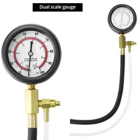 Front view of QWORK fuel pressure test kit with dual-scale gauge (0-7 bar/0-100 psi) and brass connectors
