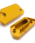 Brake Fluid Reservoir Cap For Surron LBX Light Bee And Segway X160 X260 Left And Right CNC Machined 6061 T6 Aluminum Anodized Finish Tough Upgrade With Quick And Easy Install shown in gold anodized aluminum with top and bottom view.