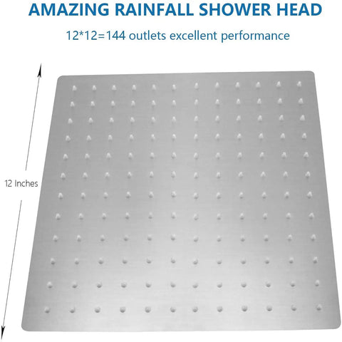 High Pressure 12 Inch Square Rain Shower Head With Arm In Brushed Nickel showing 144 nozzles for full body coverage