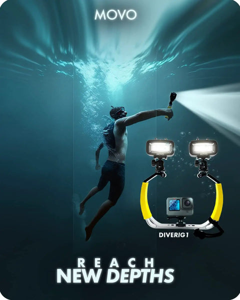 Underwater scene with diver using DiveRig1 XL Diving Rig Bundle With Waterproof LED Lights for GoPro and Osmo Action Cam.