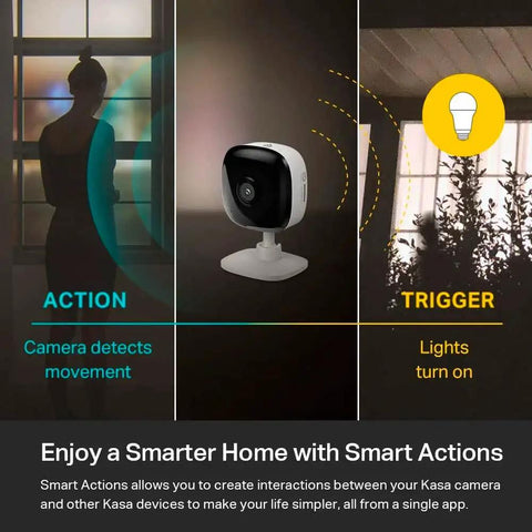 1080p Indoor Wired Security Cam For Home Surveillance, Real Time Motion And Sound Alerts showing motion detection triggering lights