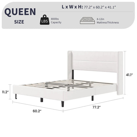Game-Changing Queen Bed Frame With Dope White Velvet Wingback Headboard And Upholstered Platform Design featuring dimensions and metal support.