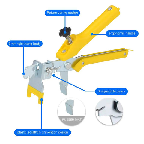 Pro Grade Tile Leveling System Kit With 600 White Spacers And 200 Red Wedges Plus Pliers showing ergonomic handle and adjustable gears