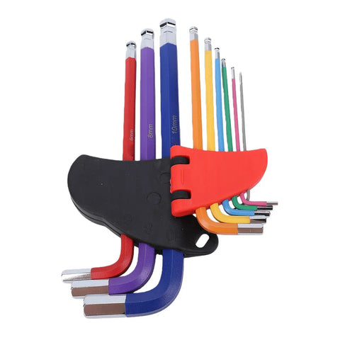Awesome 9-Piece Colored Metric Hex Key Set With Ball End Wrenches Made From Hardened Crv And S2 Steel Perfect For Bike Repair Furniture Building And Electrical Fixes With Non Slip Grip And Super Durable Color Coded Design, color-coded stand