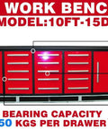 Rock Solid Ten Foot Heavy Steel Workbench And Tool Cabinet Featuring Fifteen Locking Drawers And Pre Cut Non Slip Liners For Your No Nonsense Garage Setup with red drawers and lock.
