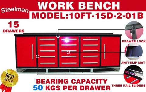 Rock Solid Ten Foot Heavy Steel Workbench And Tool Cabinet Featuring Fifteen Locking Drawers And Pre Cut Non Slip Liners For Your No Nonsense Garage Setup with red drawers and lock.