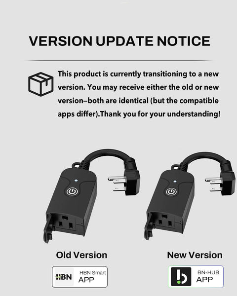 Outdoor Smart WiFi Plug Outlet With Heavy Duty Grounded Outlet No Fuss Remote App Control And Voice Control Works With Alexa And Google Home 2.4 GHz WiFi Only ETL Listed 1 Pack version update notice with two plug versions.