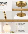 Mid Century Modern 1 Light Pendant Light With White Glass Globe Shade And Gold Finish Brushed Brass Fixture features