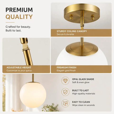 Mid Century Modern 1 Light Pendant Light With White Glass Globe Shade And Gold Finish Brushed Brass Fixture features