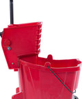 Side view of a red mop bucket with 3 Inch Swivel Stem Cart Caster Replacement Wheels For Mop Buckets, TPR Rubber, oil resistant.