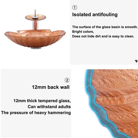 Artistic Bathroom Vessel Sink Shell Shaped Crystal Glass Wash Bowl Sink with faucet, showcasing smooth surface and thick walls.
