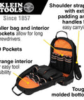 Tradesman Pro Backpack Tool Kit with Zipper Tool Bags and Magnetizer showing 39 pockets and orange interior for easy visibility