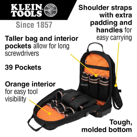Tradesman Pro Backpack Tool Kit with Zipper Tool Bags and Magnetizer showing 39 pockets and orange interior for easy visibility