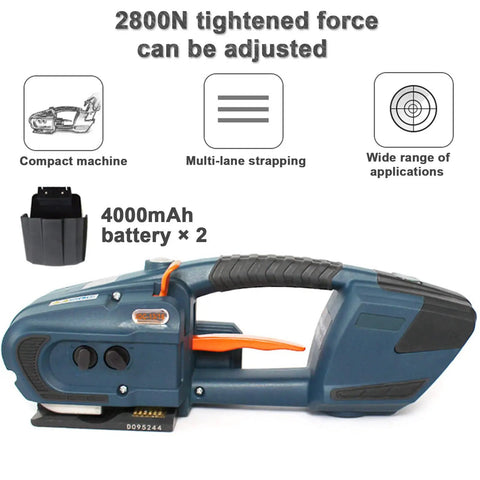 Heavy Duty Portable Electric Strapping Machine With Dual Batteries For Pet Strap Automatic Handheld Banding Tool showing compact design and battery.