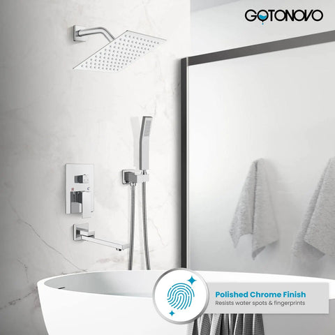 Rainfall Tub Shower Faucet Set With Handheld Sprayer Wall Mount Square High Pressure Shower System With Tub Spout And Rough In Valve 8 Inch Shower Head Polished Chrome Finish Easy Install Bathroom Upgrade