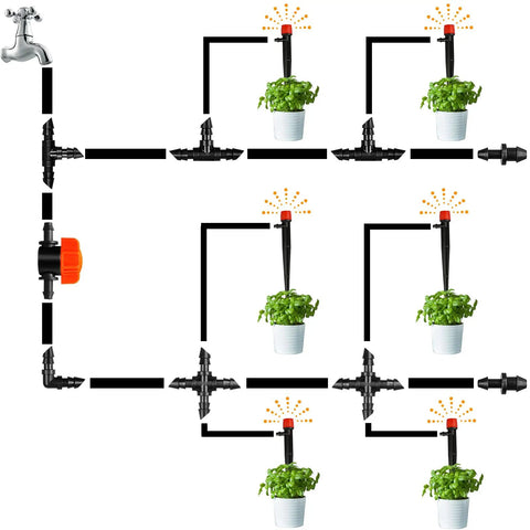Diagram of 30 Pack One Quarter Inch Drip Irrigation Valves Barbed Shut Off Fittings in a garden layout