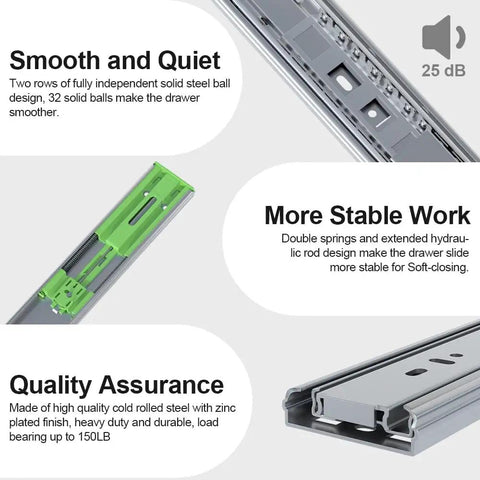 22 Inch Heavy Duty Soft Close Drawer Slides With Full Extension Ball Bearing Side Mount Rails, showing smooth quiet operation