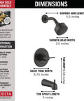 Modern 14 Series Matte Black Tub and Shower Faucet Trim Kit dimensions for Model T14459-BL-PP with included shower head.