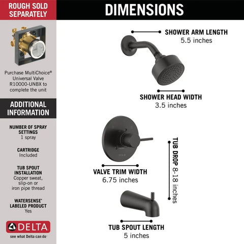 Modern 14 Series Matte Black Tub and Shower Faucet Trim Kit dimensions for Model T14459-BL-PP with included shower head.