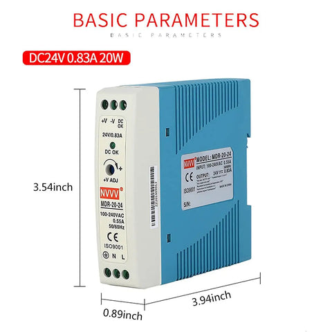24V 1A DIN Rail AC To DC Power Supply, 24W, Compact blue and white module with input-output specifications