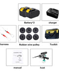No Sweat Cordless Wire Threader For Electricians With Beefy Brushless Motor And Bright Led Work Light Fast Forty Meter Per Minute Automatic Conduit Feeding Tool For Hardworking Crews accessories including batteries, charger, pulleys, toolkit, and manual.