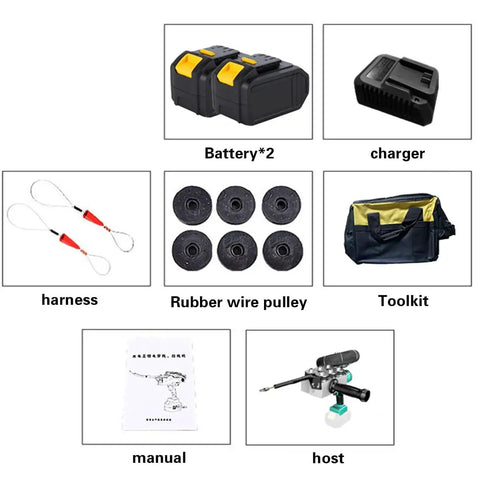 No Sweat Cordless Wire Threader For Electricians With Beefy Brushless Motor And Bright Led Work Light Fast Forty Meter Per Minute Automatic Conduit Feeding Tool For Hardworking Crews accessories including batteries, charger, pulleys, toolkit, and manual.